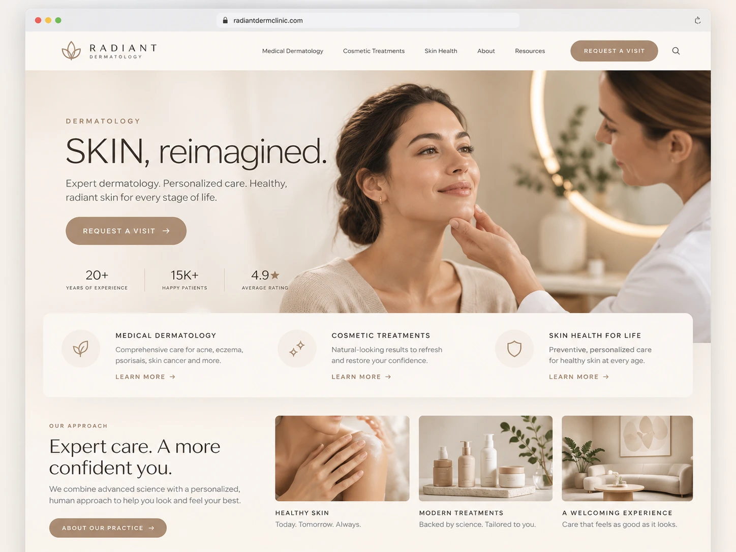 Example dermatology website with the headline Skin, reimagined and a Request a visit button