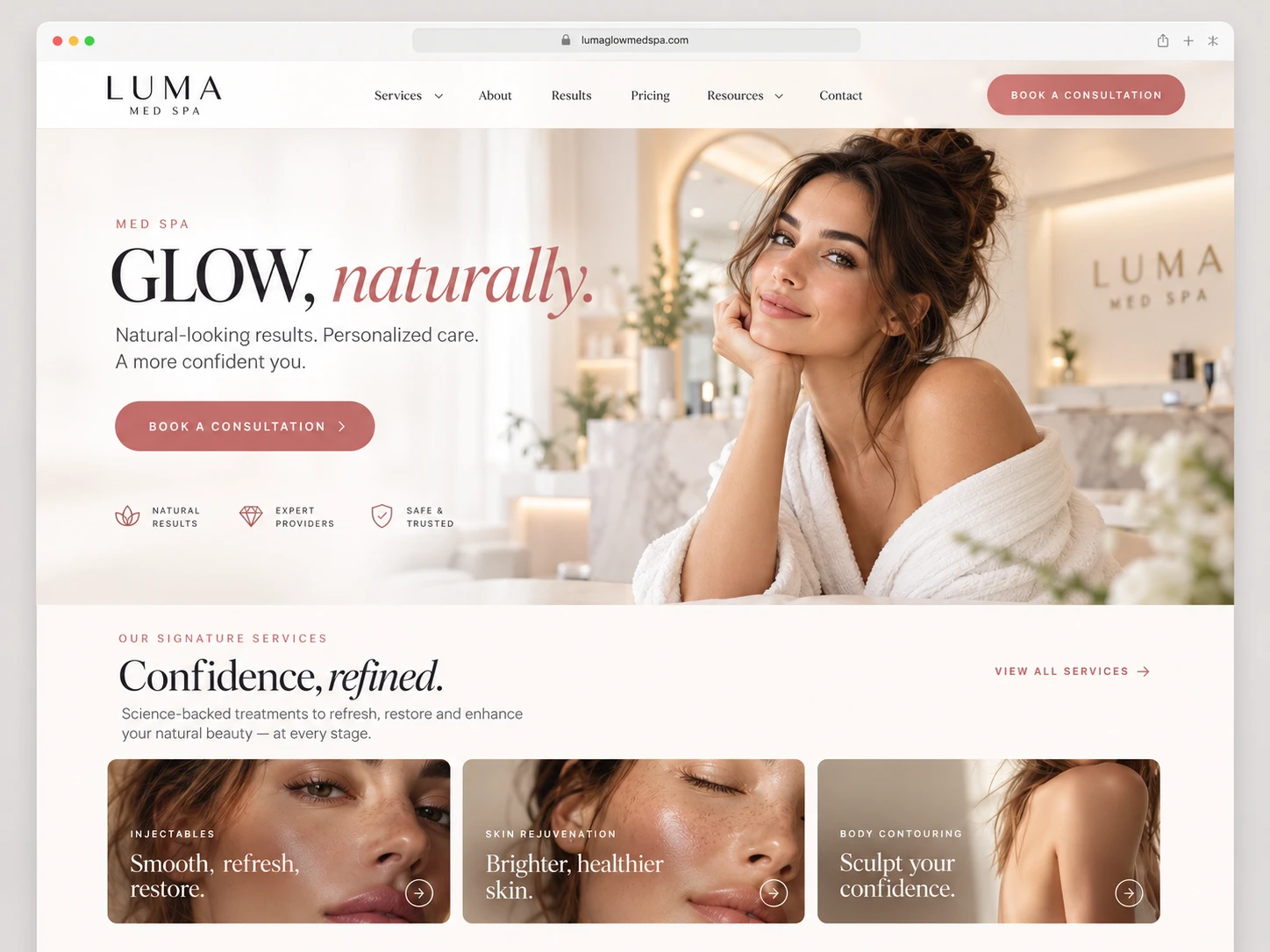 Example med spa website with the headline Glow, naturally and a Book a consultation button