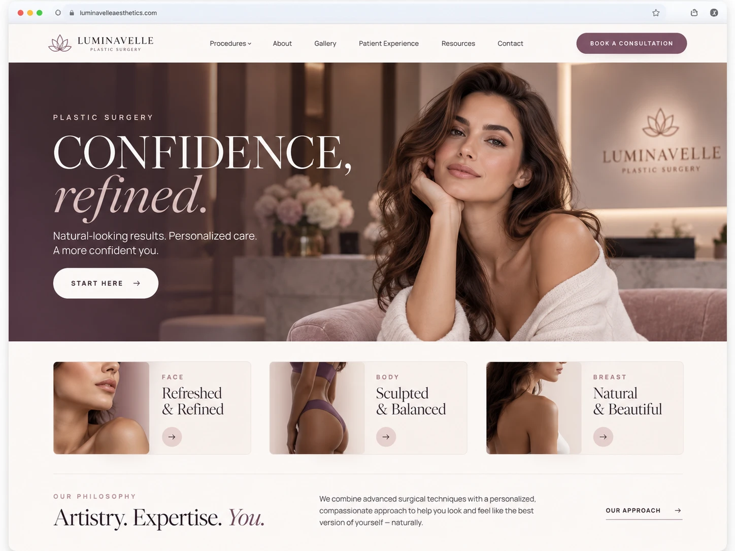 Example plastic surgery website with the headline Confidence, refined and a Start here button